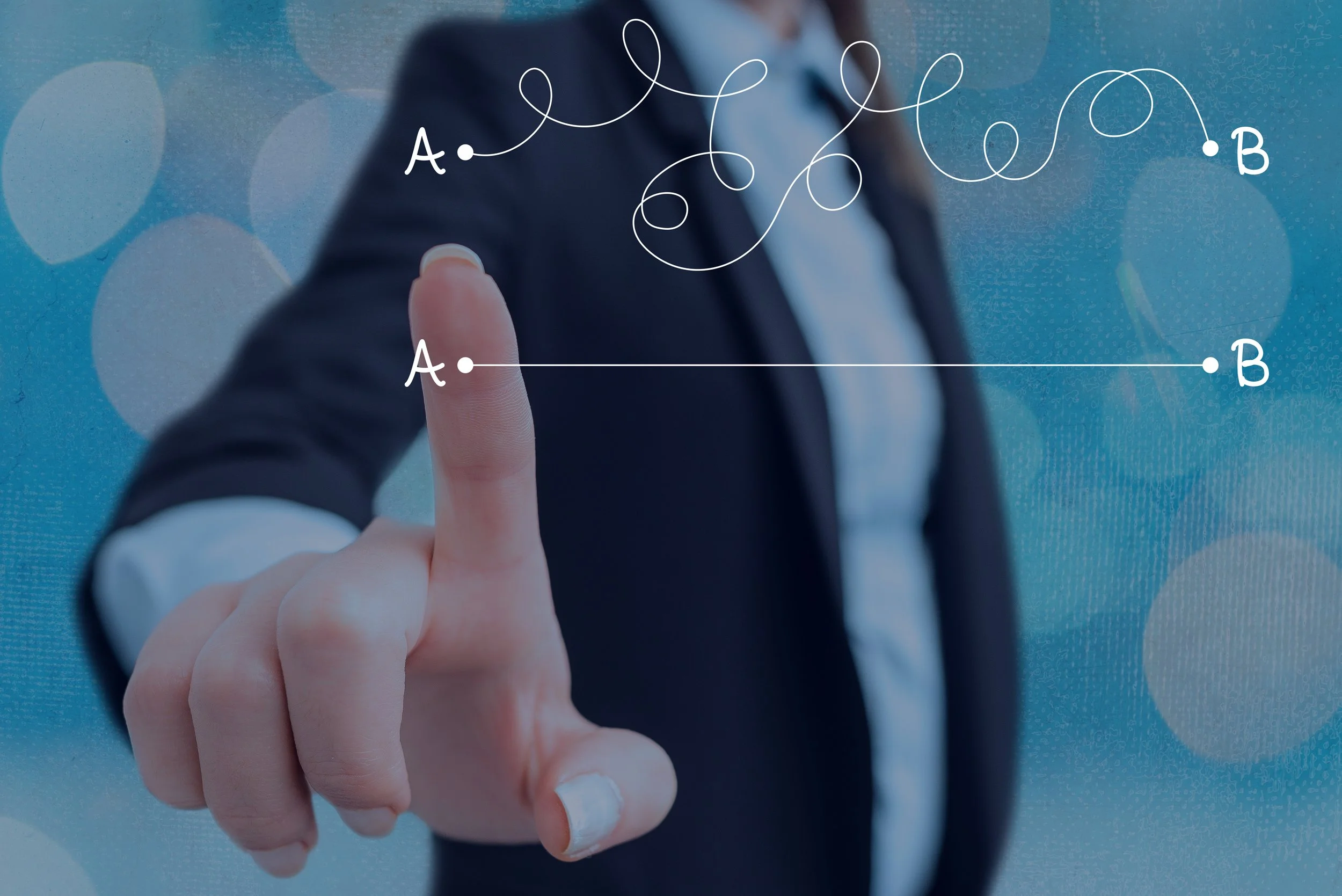 A person in business attire pointing at a virtual screen with a diagram connecting points labeled A and B, with a looping line between the two.