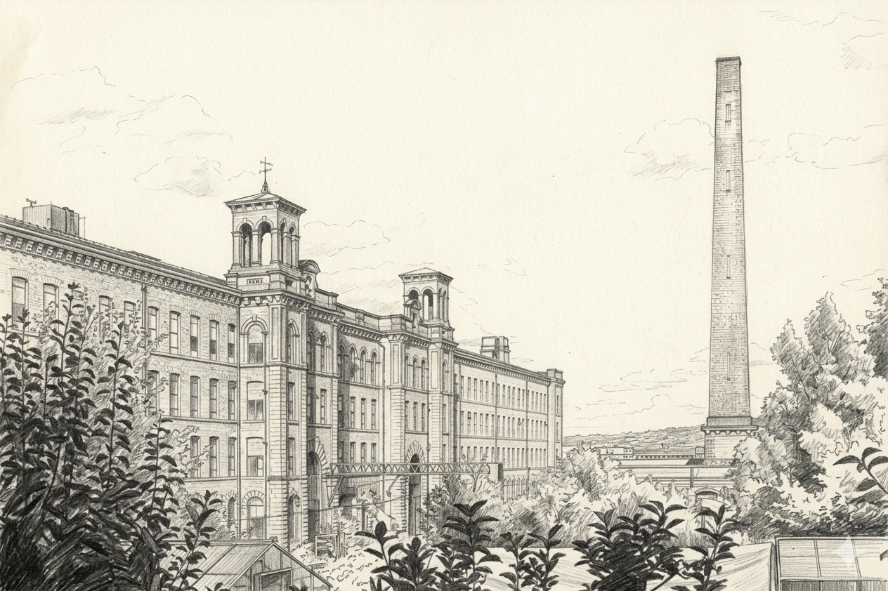 A detailed black and white sketch of an historic industrial building with a tall smokestack in the background, surrounded by trees and foliage.