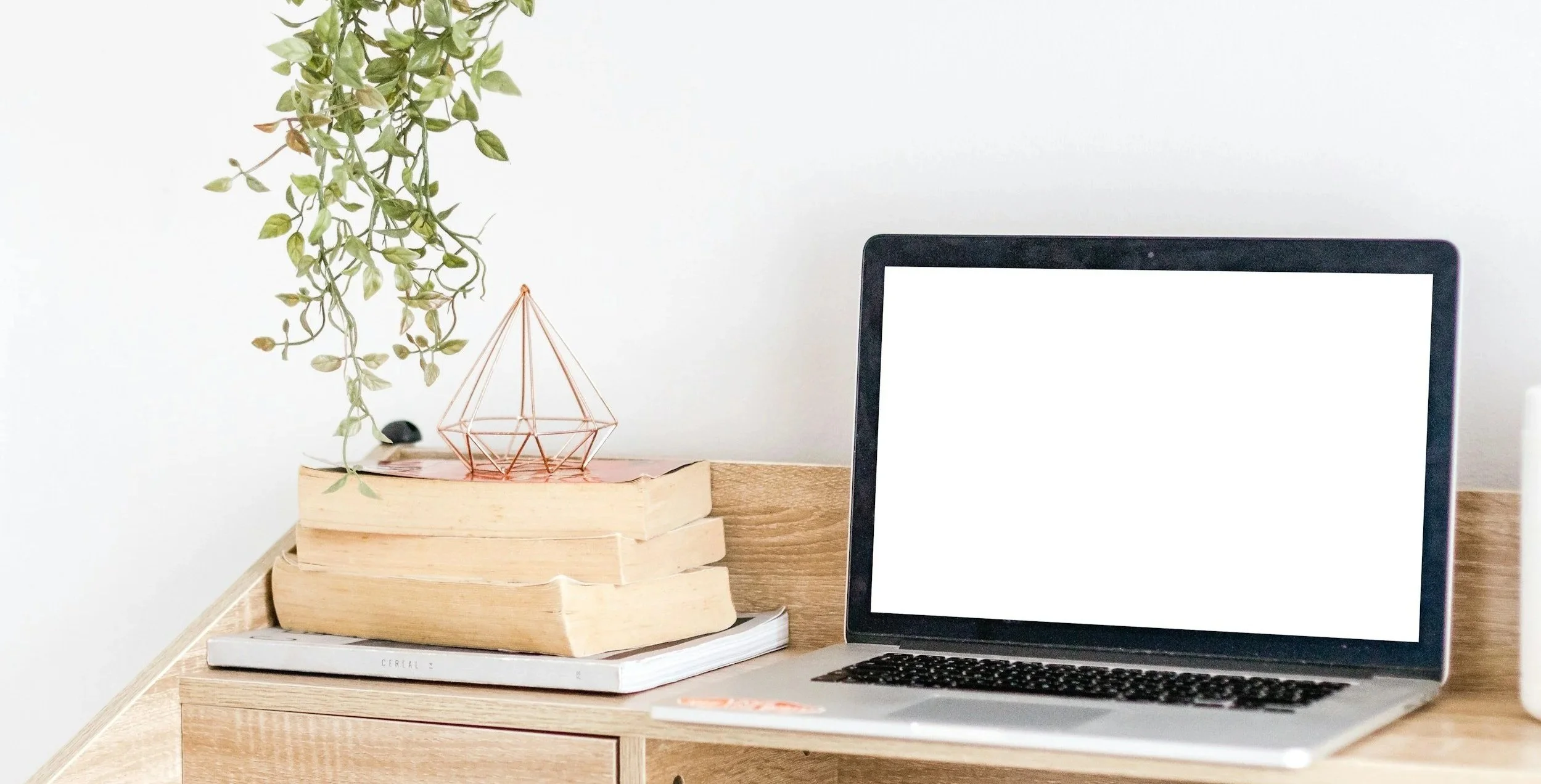 A minimalist wooden desk with a laptop, a stack of books, a geometric copper decor piece, and a potted plant with trailing leaves against a white wall.