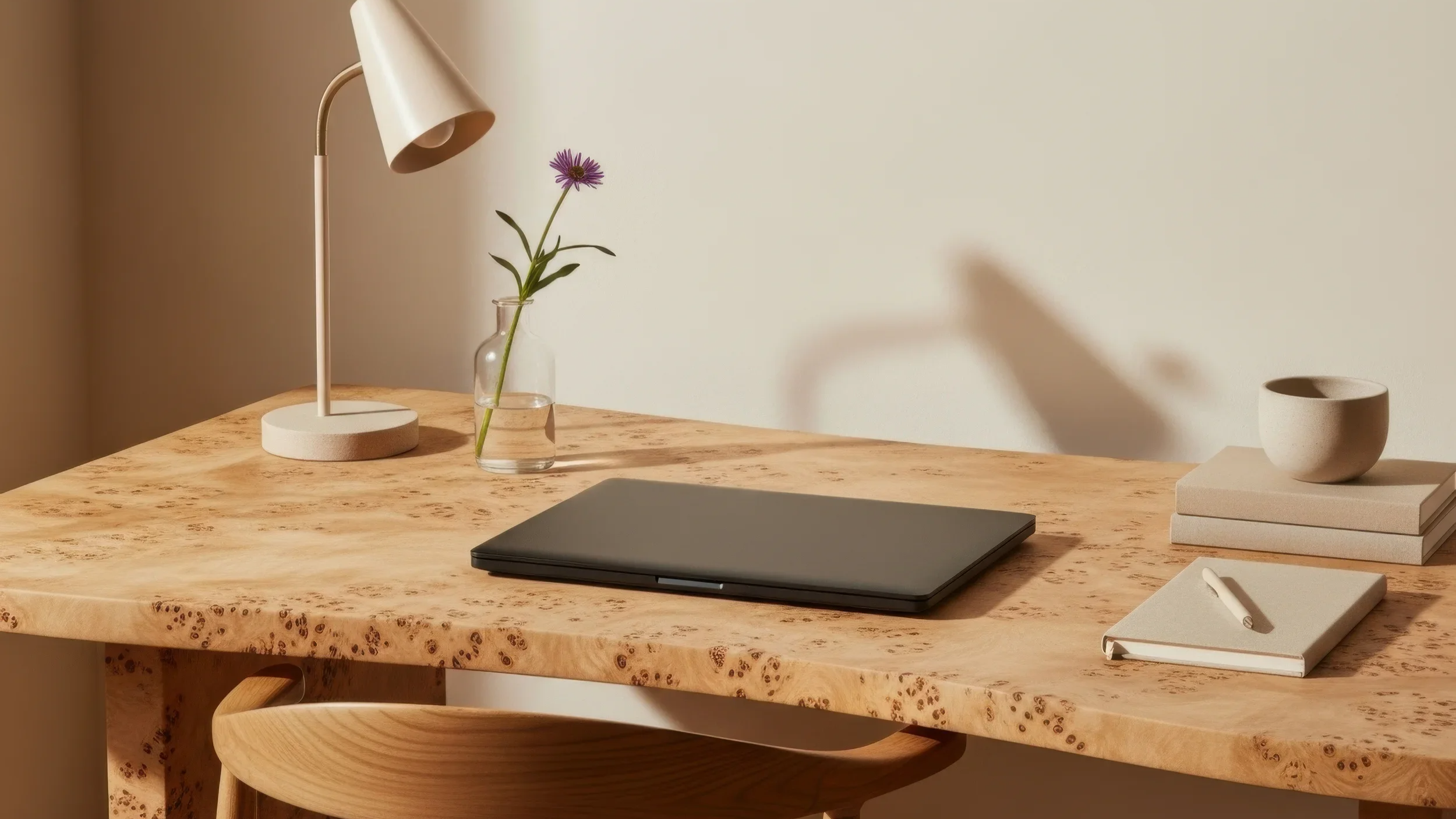 Minimalist workspace with a wooden desk, a closed laptop, a small flower vase with a single purple flower, a beige desk lamp, a gray cup, and stacked notebooks with a pen and a ceramic piece.
