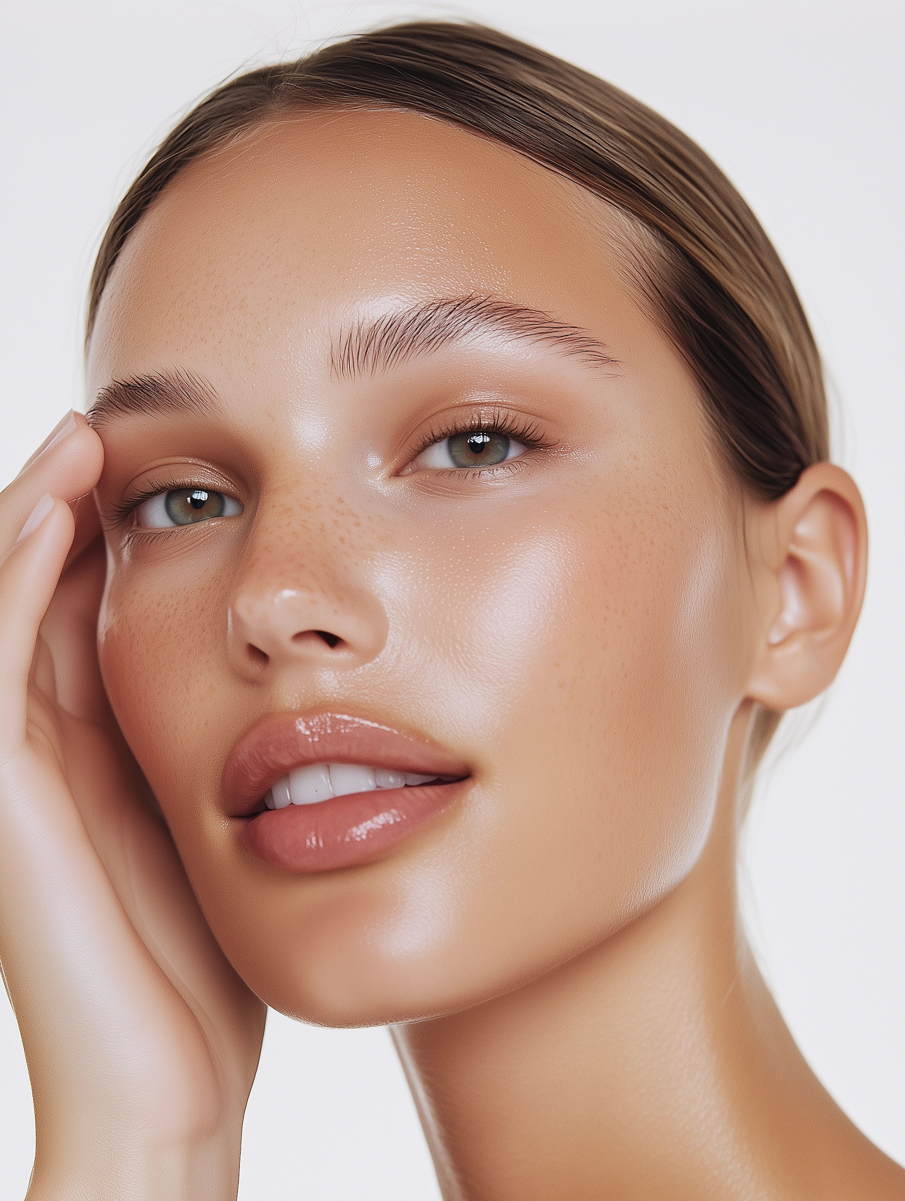 Close-up portrait of a woman with light skin, hazel eyes, glossy lips, and smooth skin, touching her forehead with her right hand. Genesis Skin Rejuvenation | Med Spa in AZ