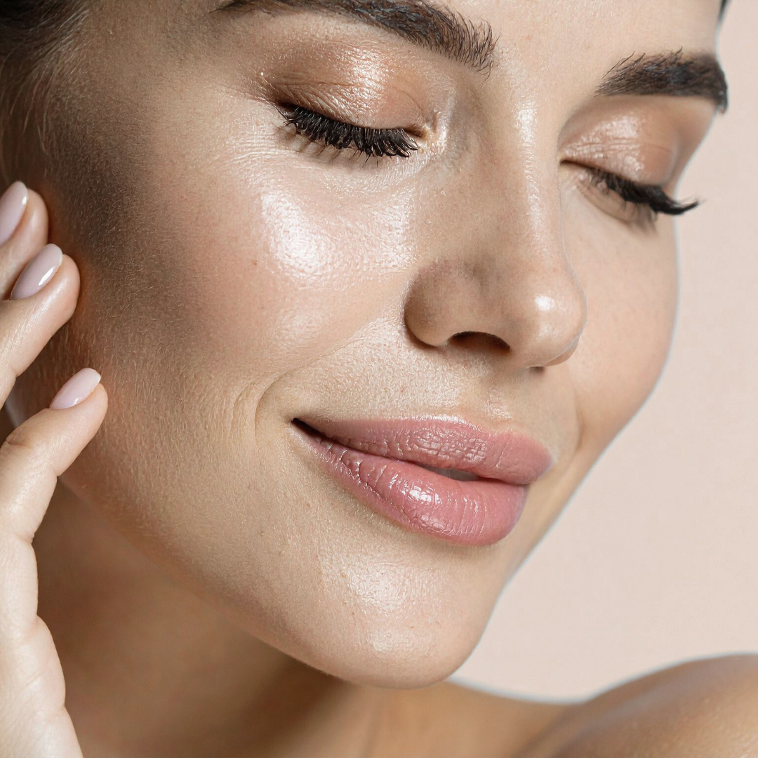 Close-up of a woman's face with closed eyes, showing smooth skin and light makeup.