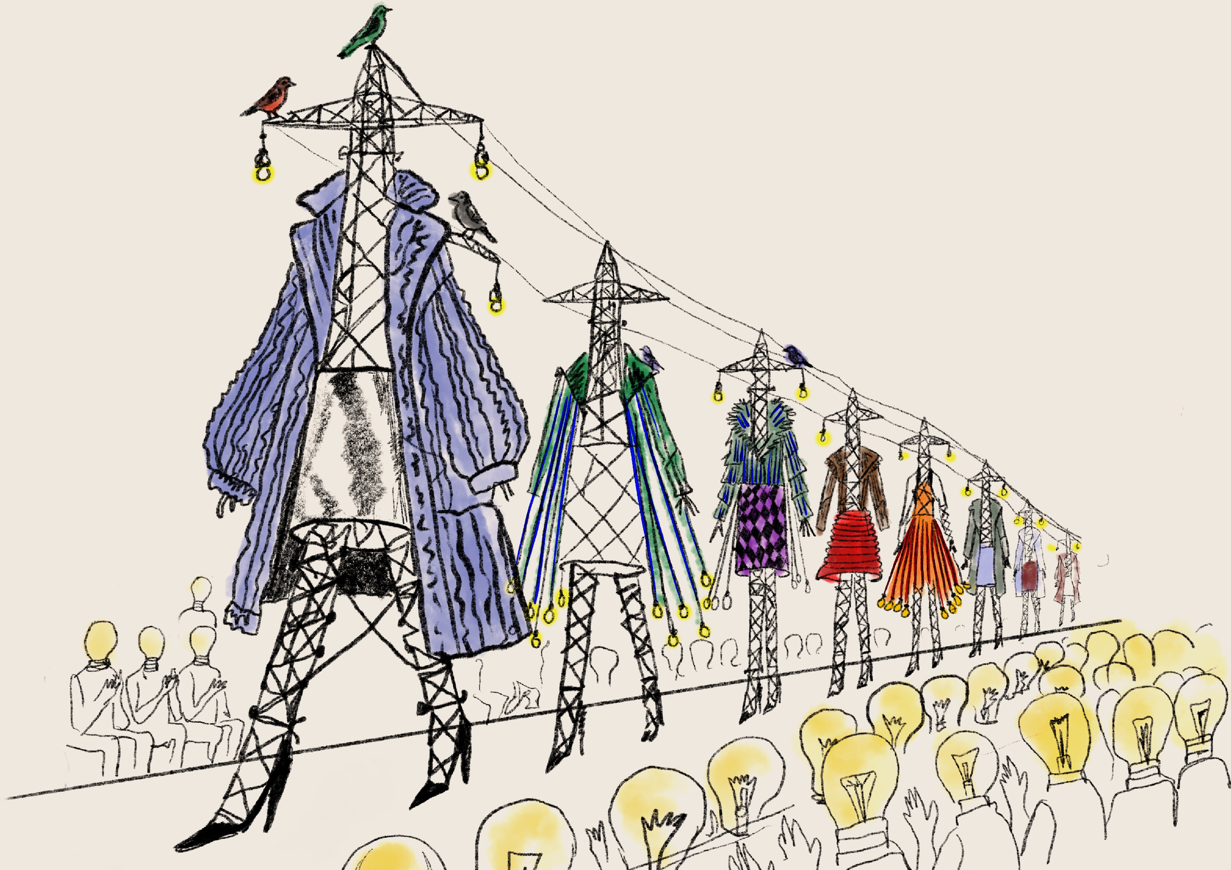 High voltage pylons dressed as mannequins walking down a fashion runway surrounded by a crowd with lightbulbs where heads should be.