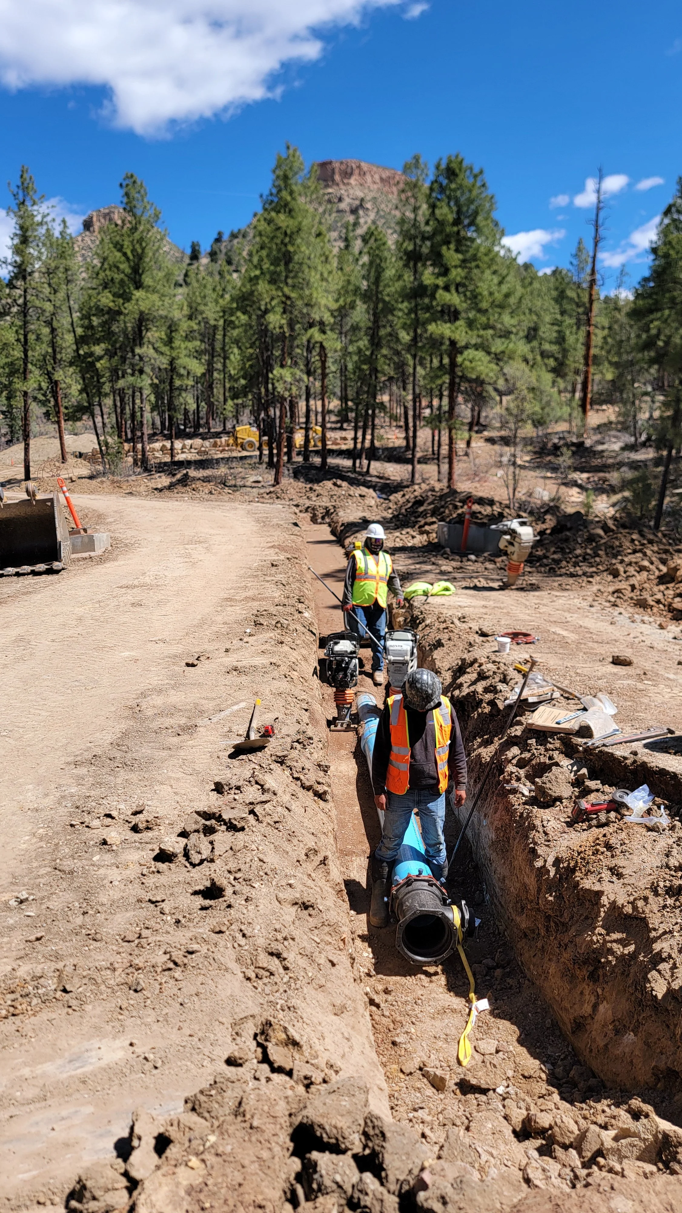 Construction workers installing a large pipe in a trench on a dirt road, with a forest and mountain in the background.