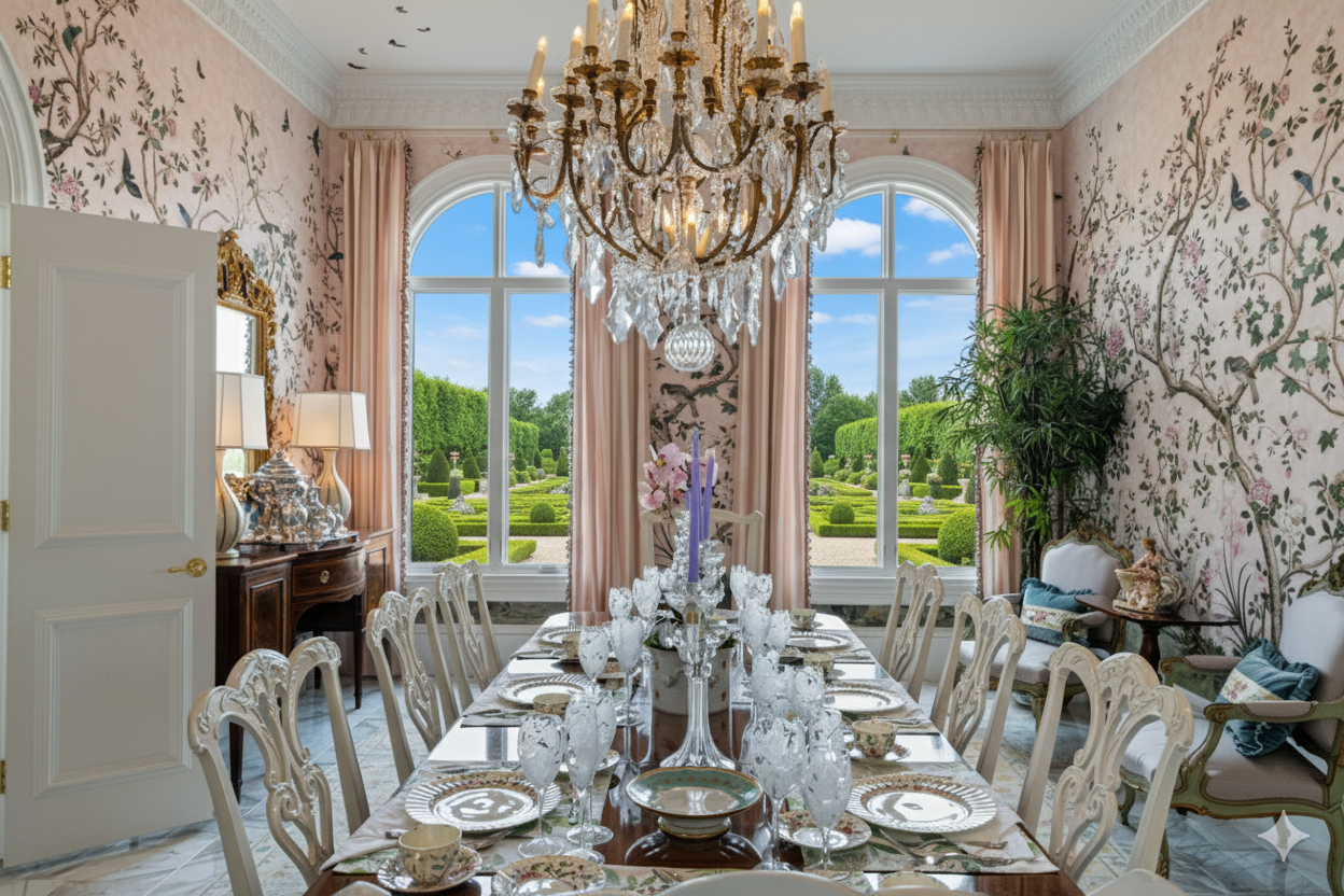Elegant dining room with a large wooden table set with china, crystal glasses, and a centerpiece with purple candles and pink flowers. The room has large arched windows with pink curtains, floral wallpaper, a grand chandelier, and views of a manicured garden outside.