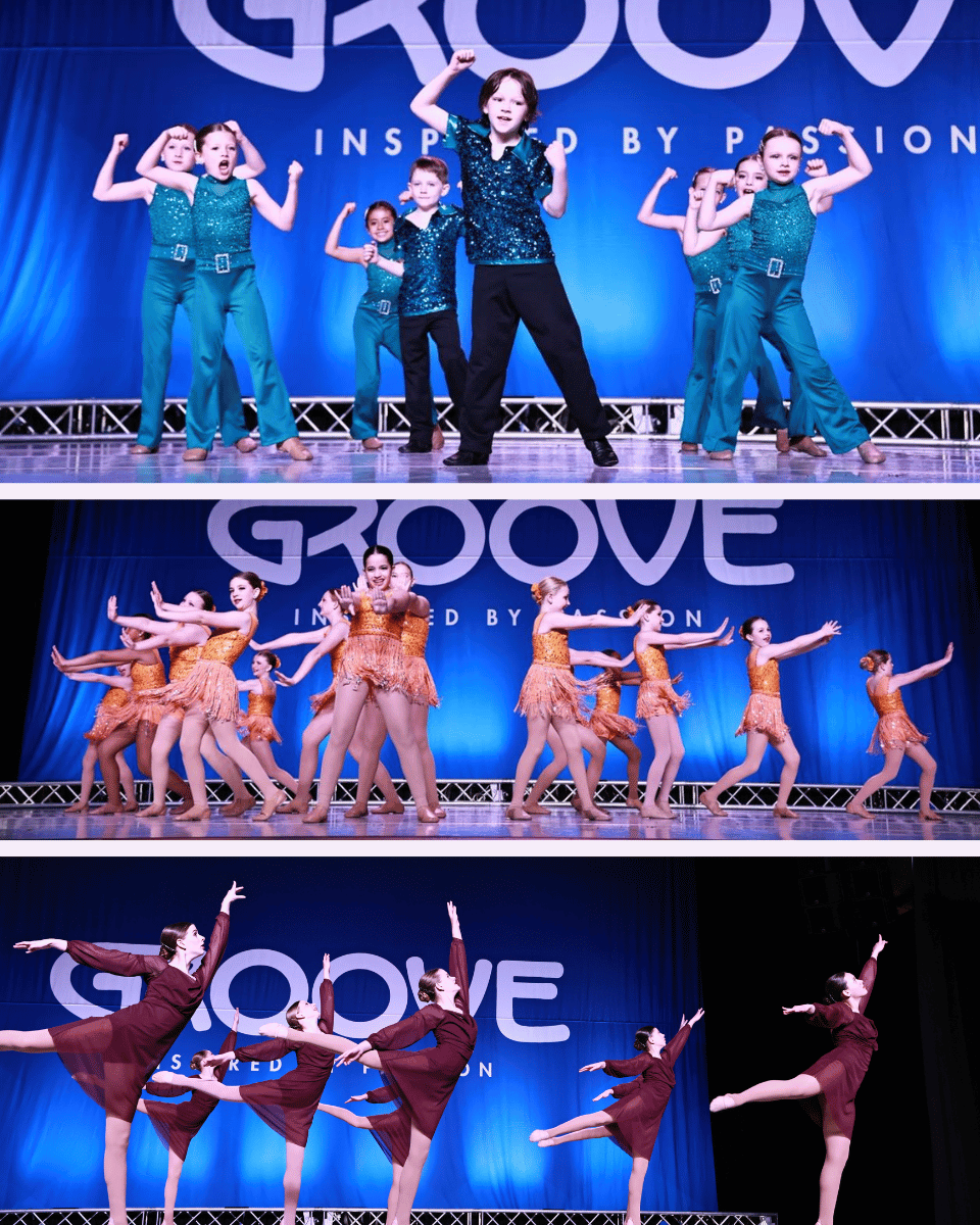 Three groups of young girls performing dance routines on stage, each in different costumes, with a large 'GROOVE' sign in the background.