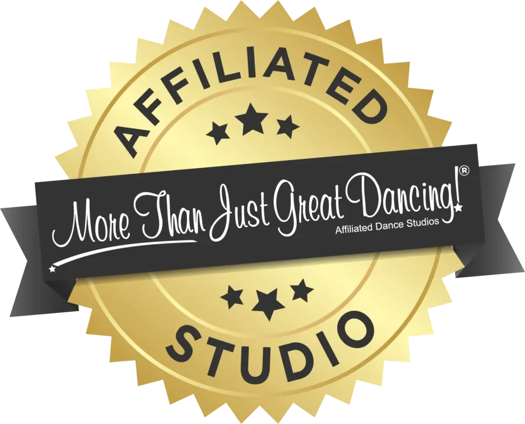 A gold badge with black text and stars that says 'Affiliated Studio More Than Just Great Dancing!'