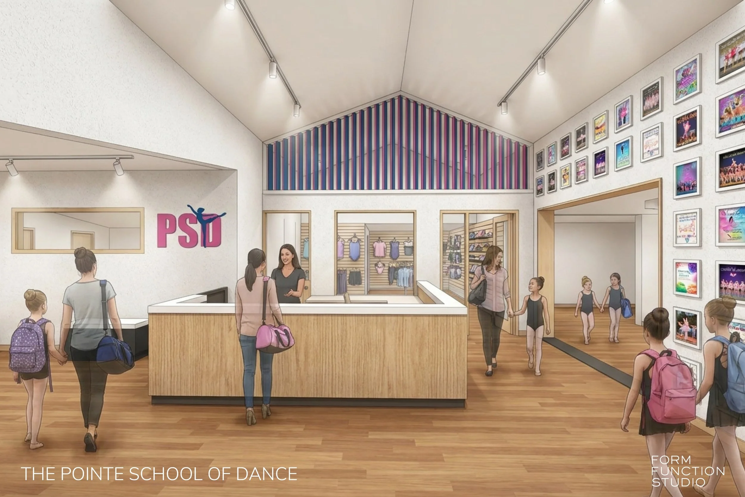 rendering of improved dance studio lobby and boutique space