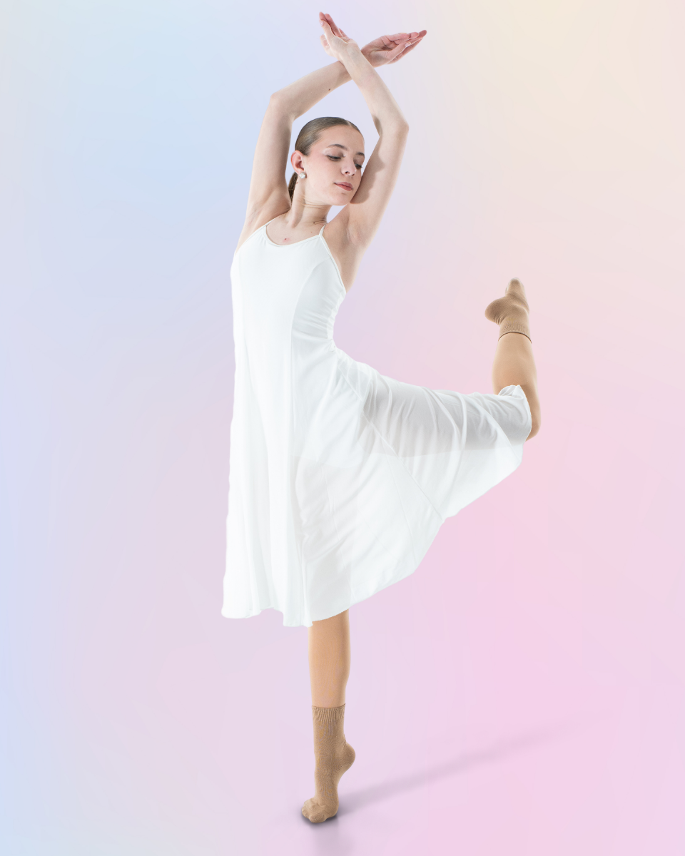 A ballerina in a white dress performing a dance pose against a pastel gradient background.