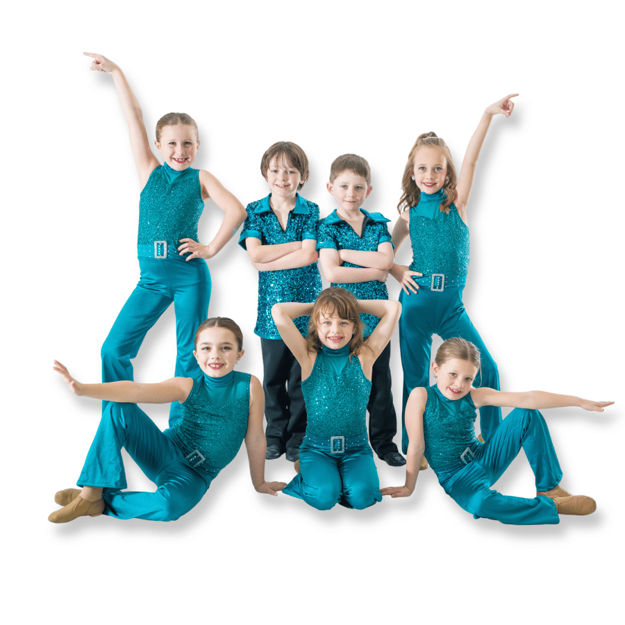 Group of seven young girls in matching blue dance costumes posing together against white background.