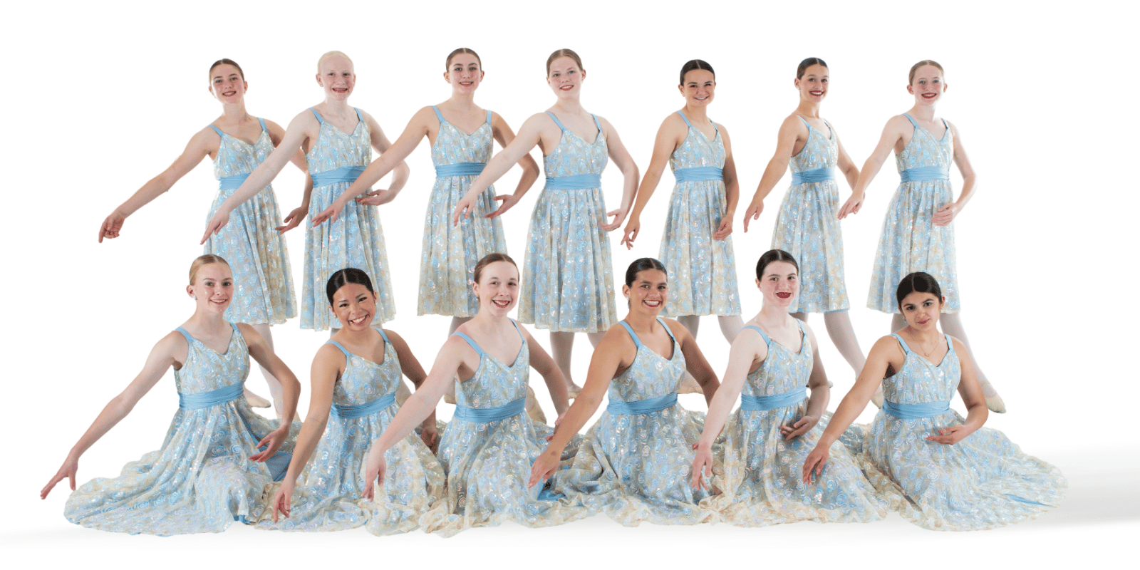 Group of twelve young women in matching blue and gold dresses, posing on a white background.