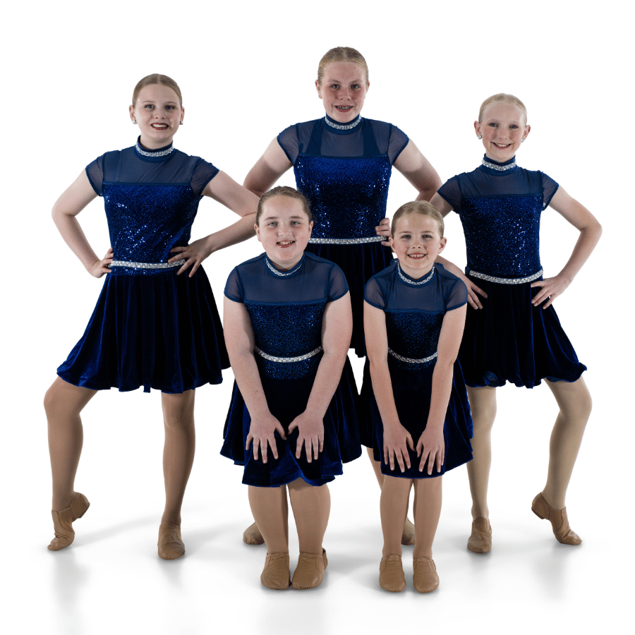 Five young girls in matching blue dance costumes pose together against a white background.