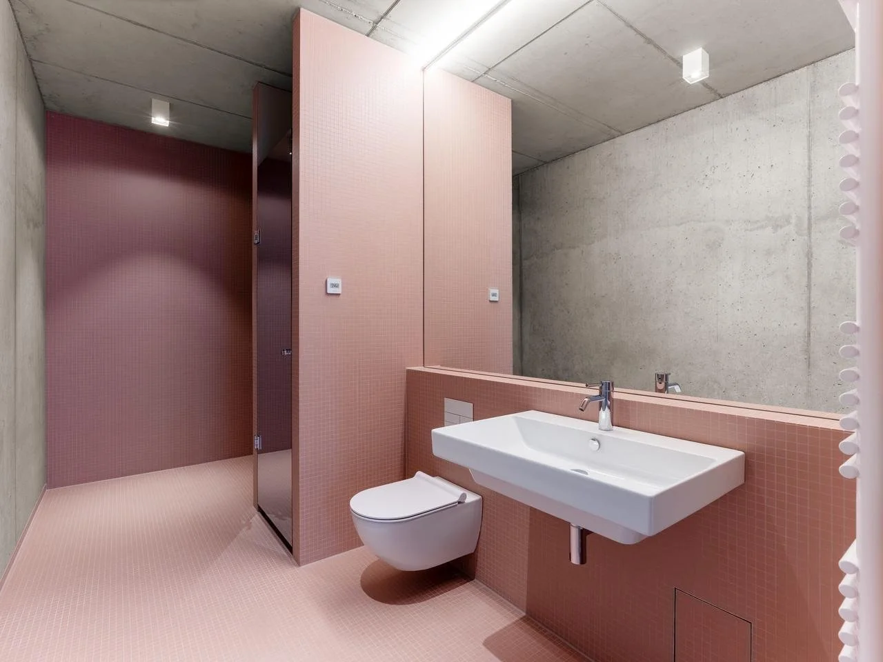 Modernes Badezimmer mit pinken Fliesen, Wand-Waschbecken, WC, dunklem Duschabtrennung und grobem Betonmauer. Spiegel an der Wand, Deckenbeleuchtung.