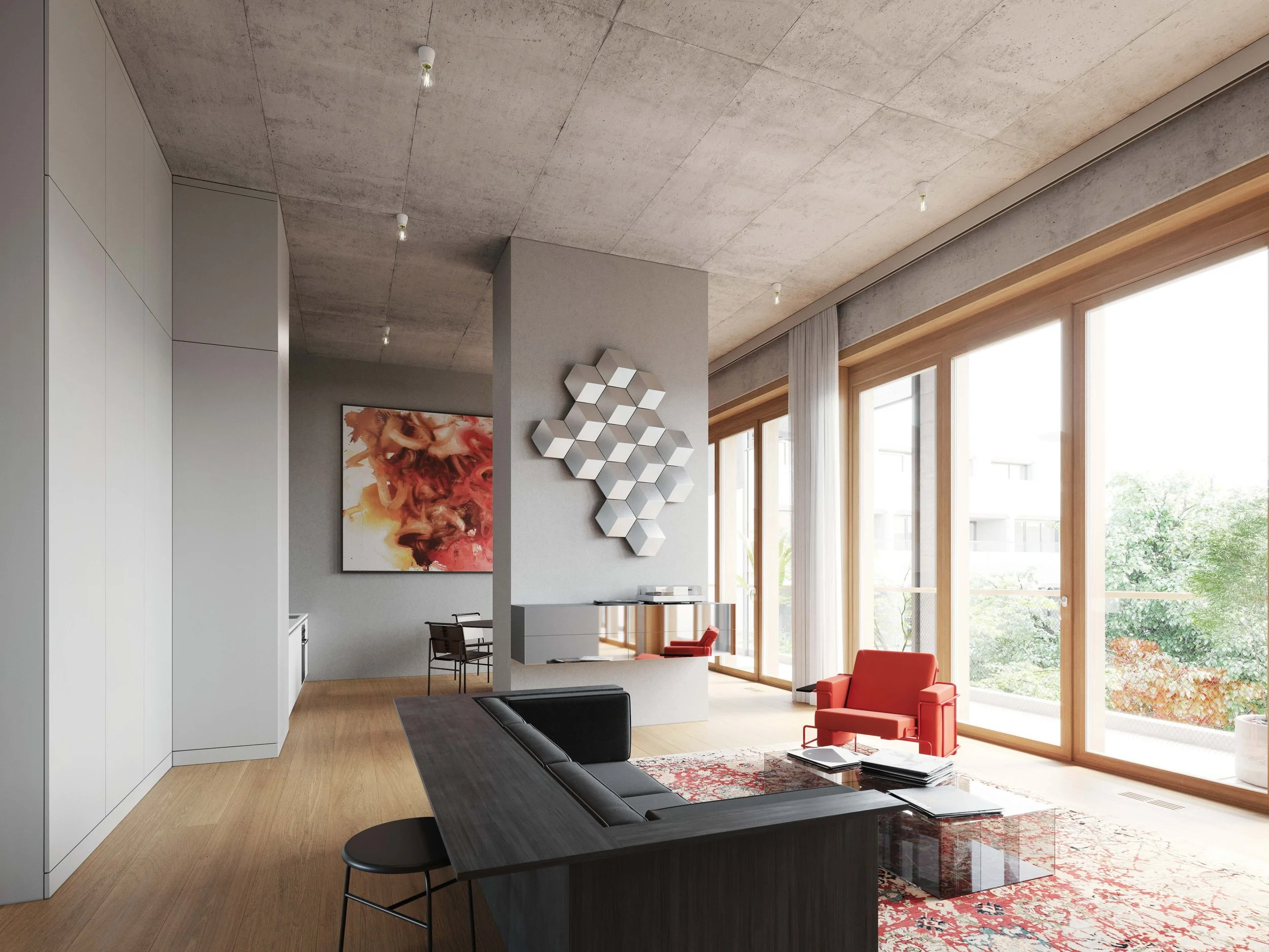 Moderne Loft-Wohnzimmer mit großen Fenstern, grauem Beton-Decke, minimalistischer Kunst an der Wand, schwarzer Esstisch, rote Sessel, Dekorations-Teppich, viel natürliches Licht.