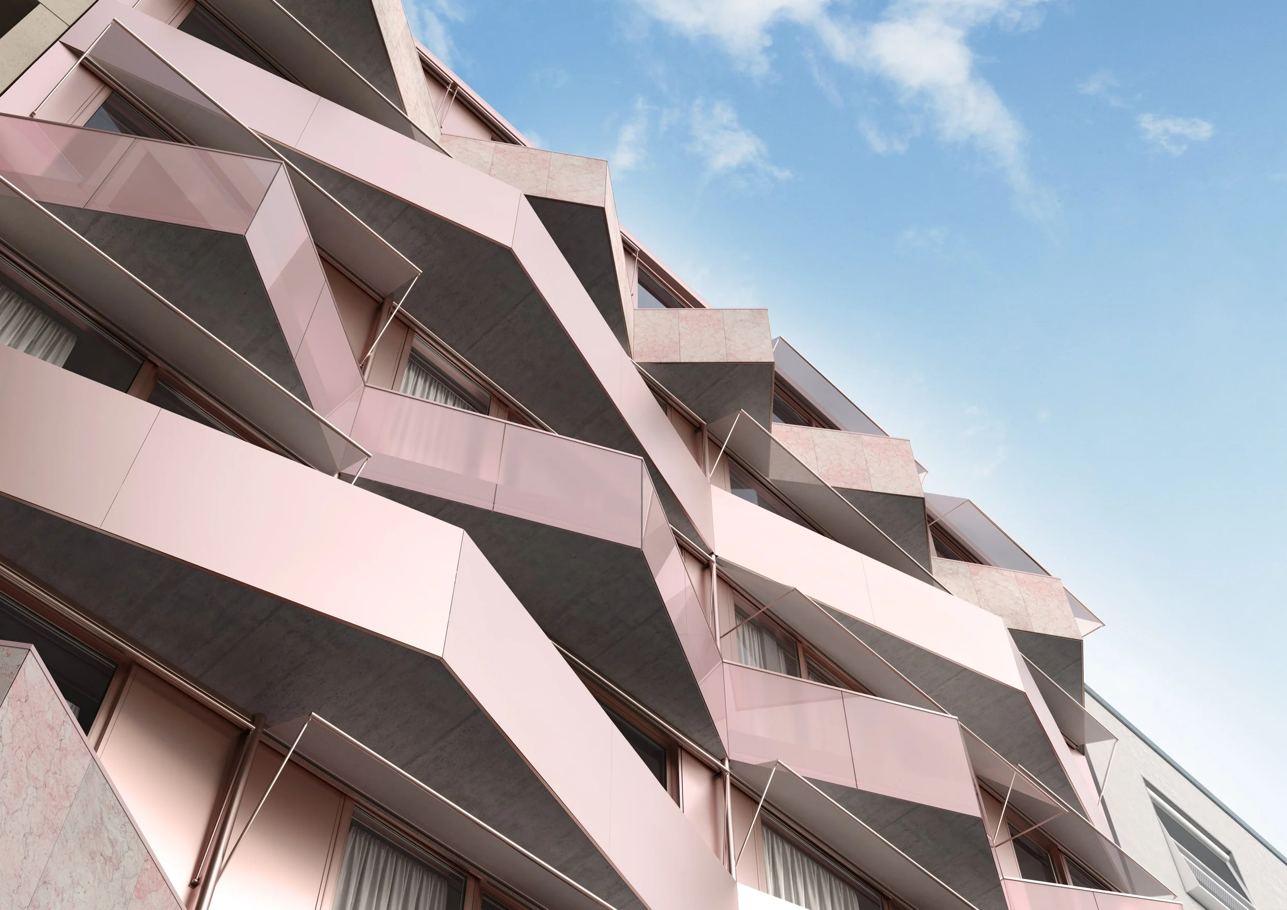 Moderne Mehrfamilienhaus mit mehreren Balkonen in pinkfarbenem Design, Blick nach oben zur blauen Himmel mit wenigen Wolken.