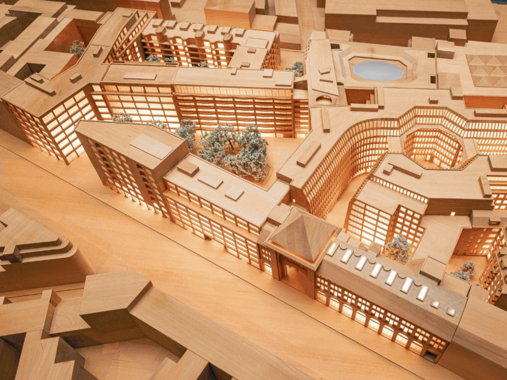 Wechsel von 4 Bildern Luftbild, Baustelle, Modell und fertiger Hofgarte