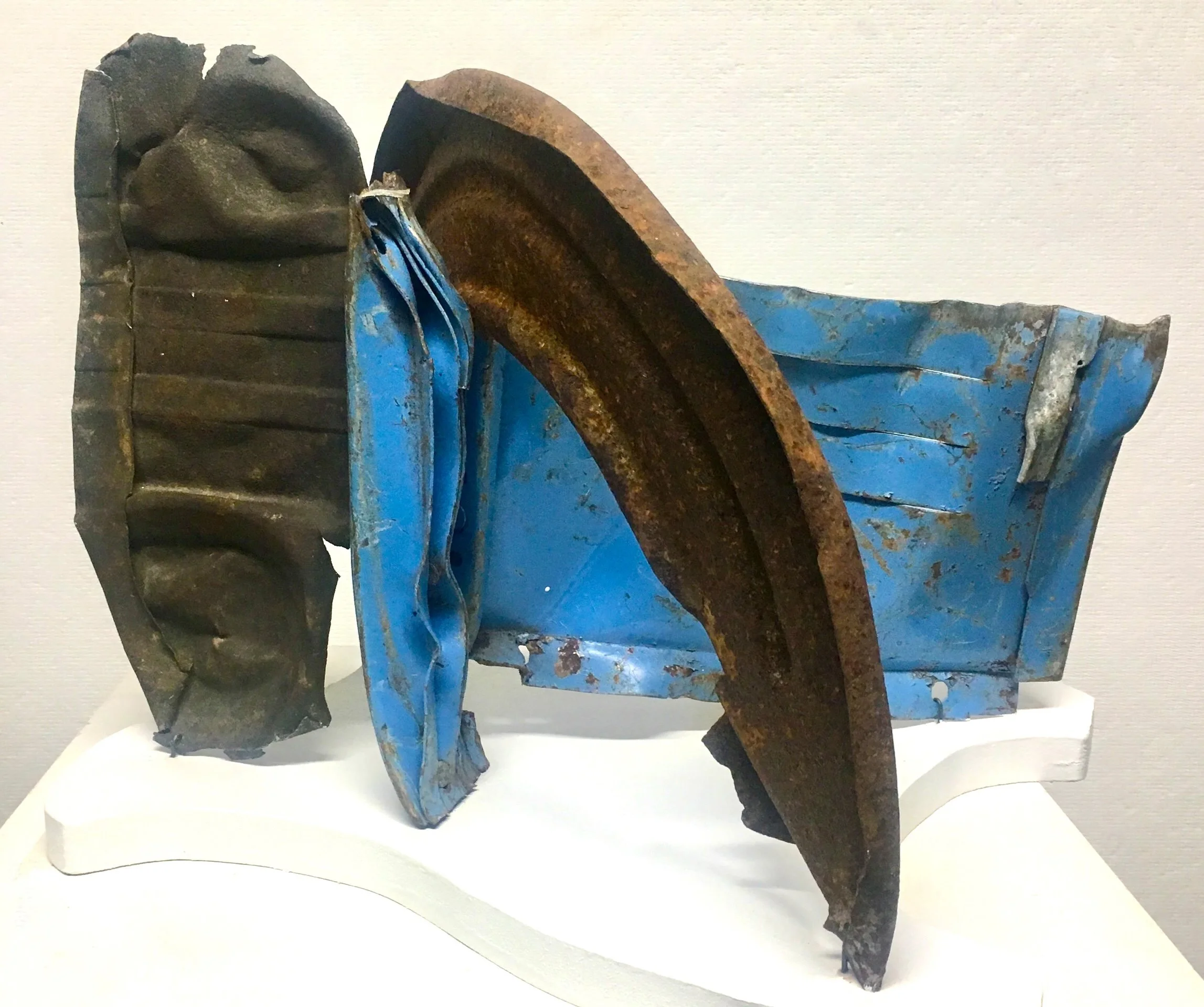 The Hoosic River Runs Through It,  16"x15"x10.5” Found metal: blue locker, car parts