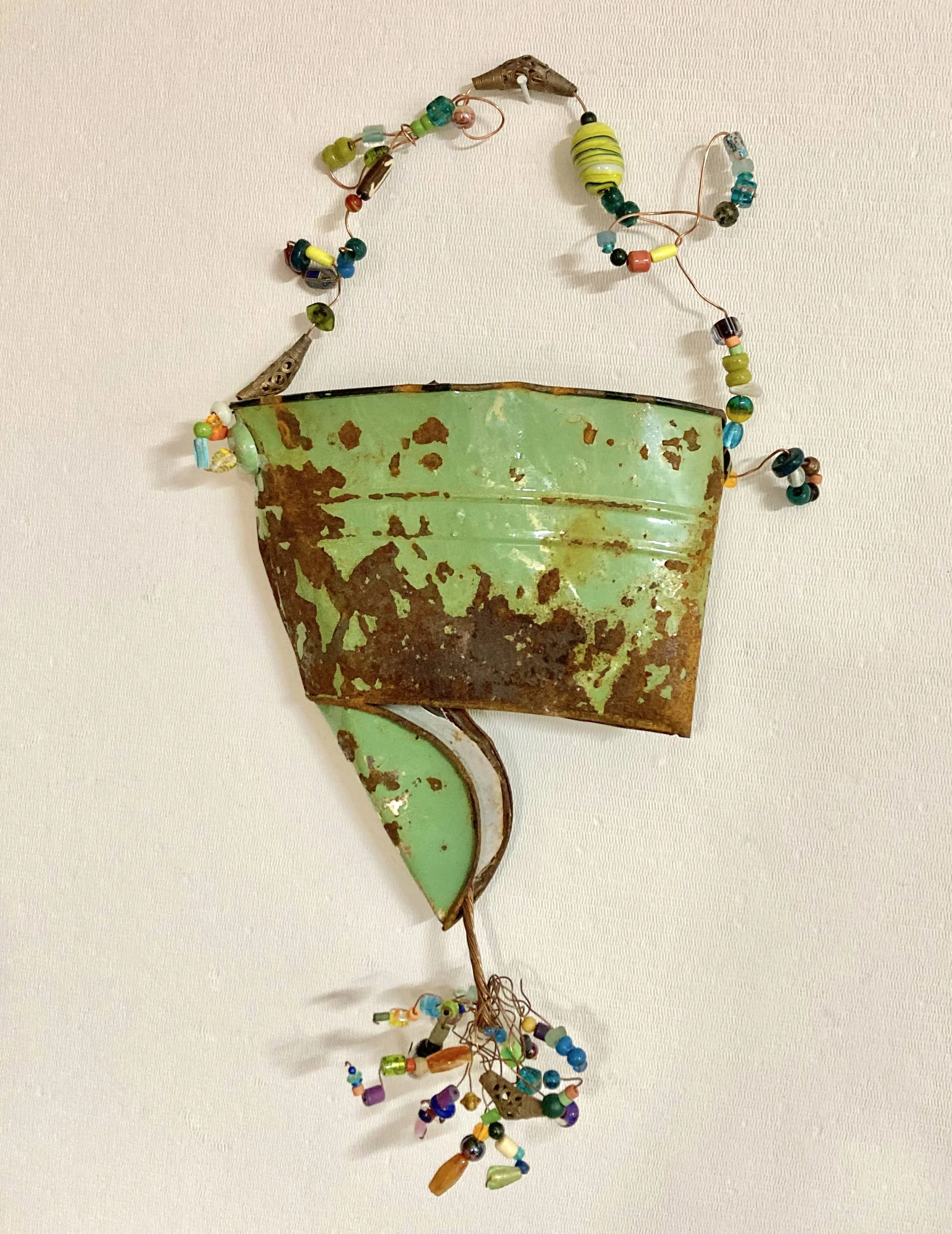 Provincetown Paint,  21"x12"x13” Found metal: green paint can, beads, copper wire