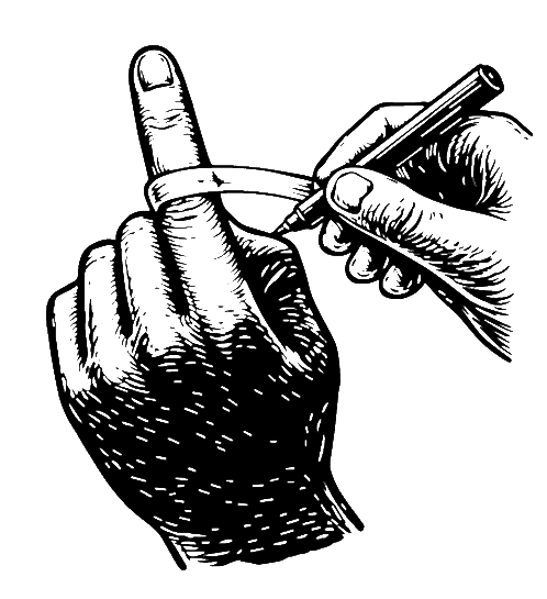 Ring sizing tutorial illustrating how to mark the overlap on a paper strip with a pen to determine finger size, shown in a handcrafted linocut style.