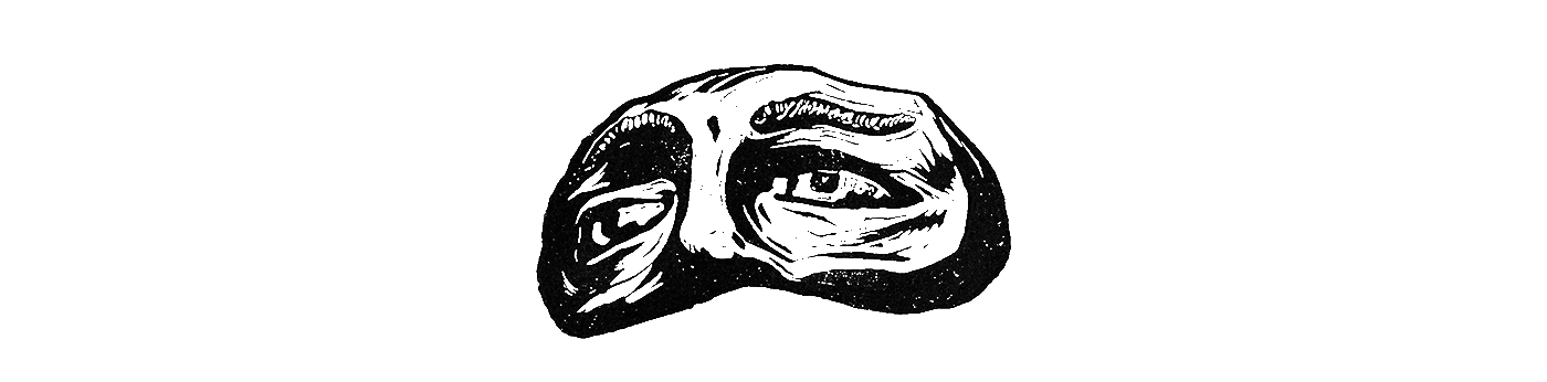 Black and white linocut-style illustration of human eyes, hand-carved print aesthetic