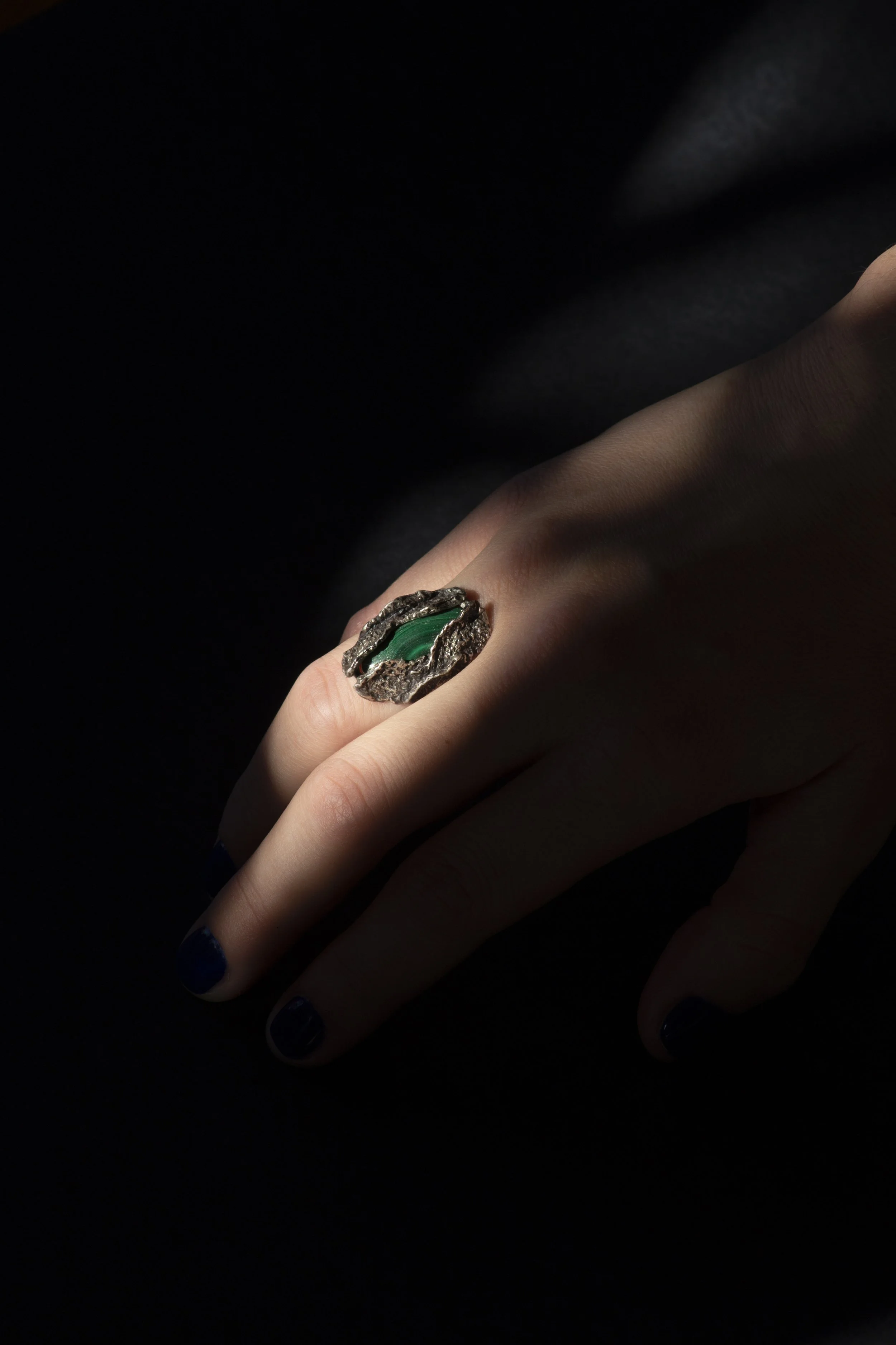 Cadera Jewelry Malachite Ring worn Oxidised Silver 925