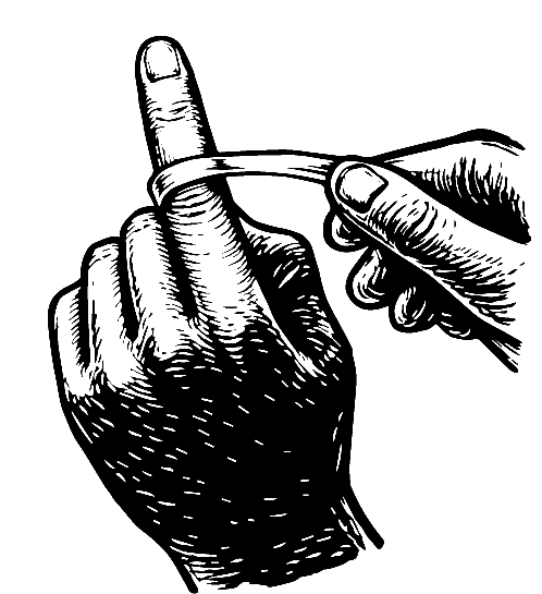 Ring size guide step showing how to measure finger circumference by wrapping a paper strip around the index finger, illustrated in a black and white linocut style.