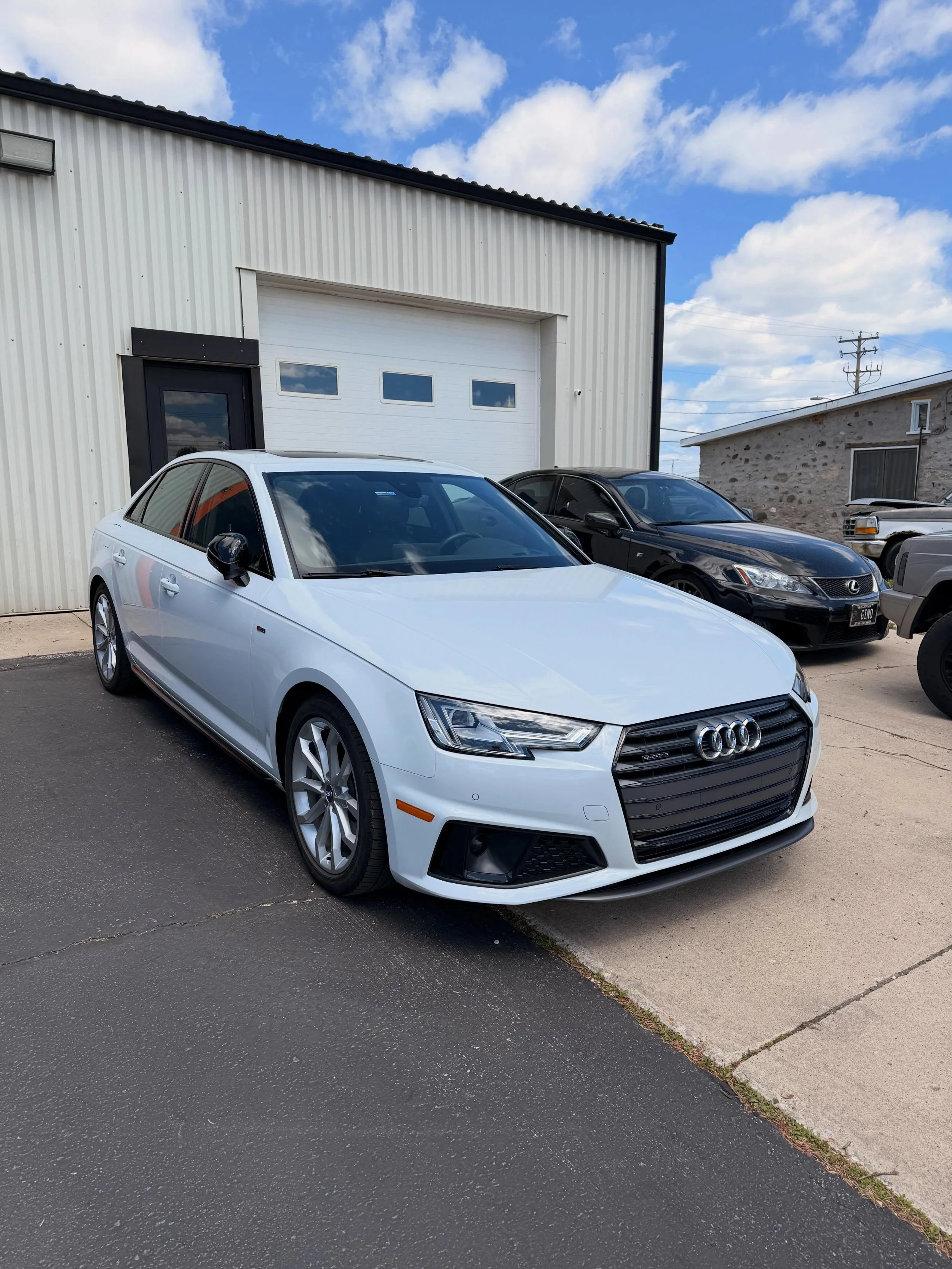 Audi A4 came in for the Presidential Package &spades;️

Great way to elevate the aggression of a vehicle!

Full Chrome Delete - Full Grill, Window Trim, Lower side skirt pieces, Rear diffuser, Mirror Caps, Antenna

For all Vinyl + Color PPF wraps, Ca