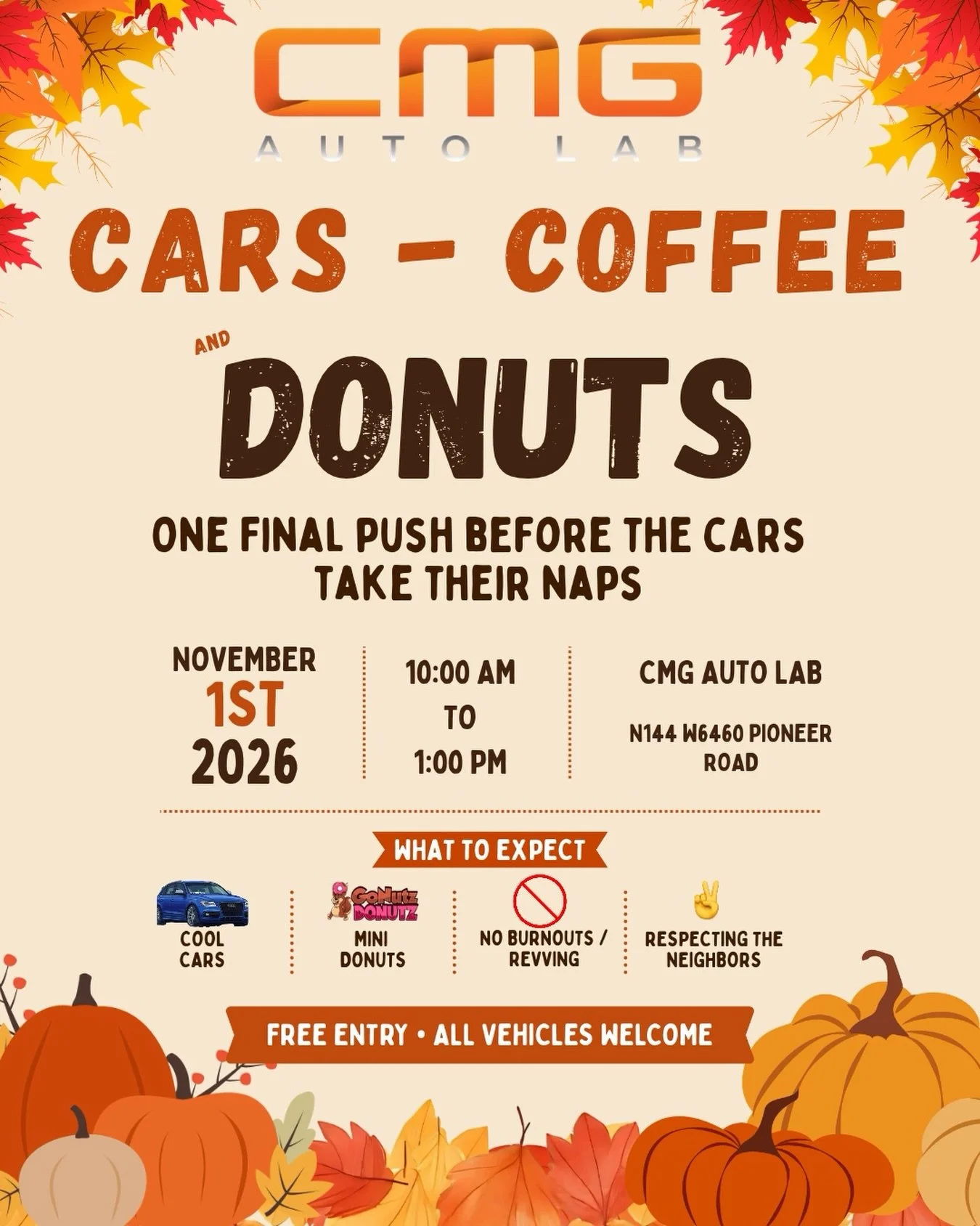 Join us for a Last Minute Cars &amp; Coffee + Donuts! We will be hosting this event at @cmgdetailing - Cool cars, Good people + Donuts 🍩 

November 1st @ 10am - 1pm

This is a free event - Relaxed event (No Burnouts/Dumb decisions etc)