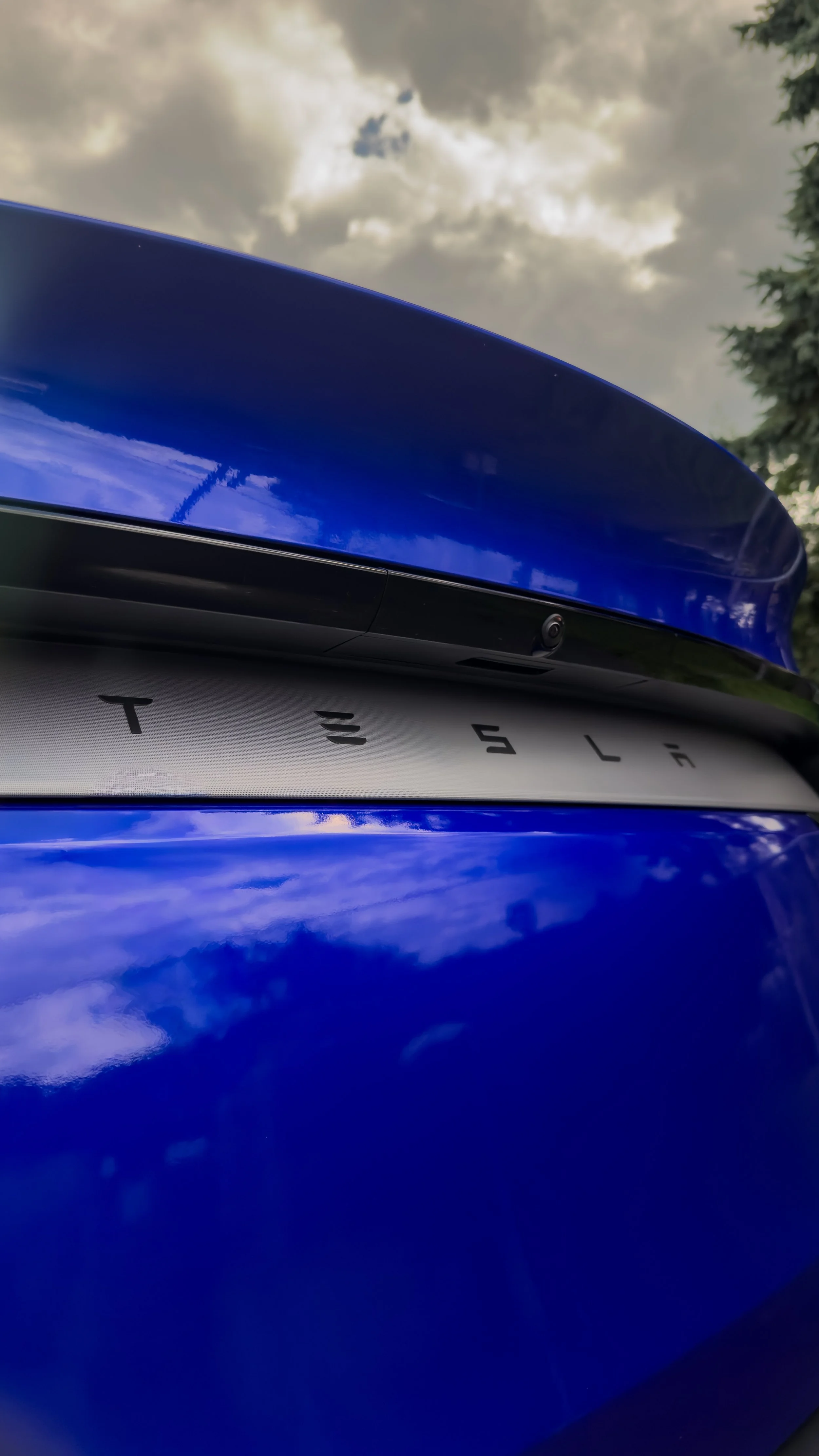 Close-up of the rear of a blue Tesla vehicle with the Tesla logo visible below a rear camera, under cloudy sky.