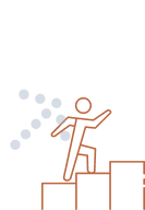 A graphic icon of a person running up stairs, with dotted lines indicating motion.