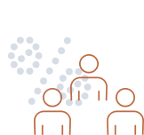 Stylized icon of two people with bubbles above their heads, representing a conversation or communication