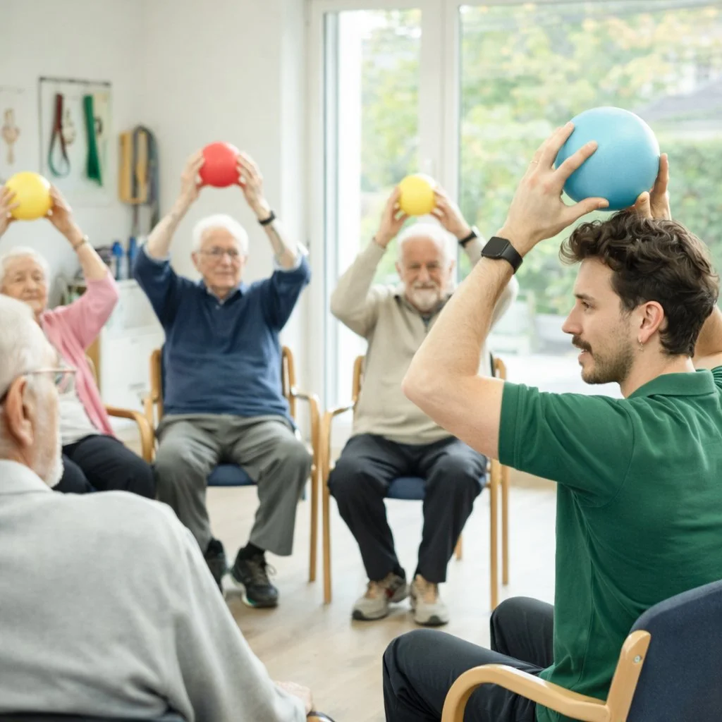 Senioren bei einem Bewegungskurs mit Therabändern in einer Pflegeeinrichtung.