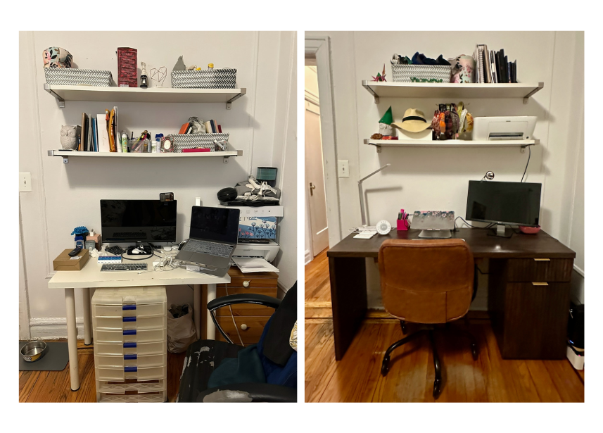 Comparison of two home office setups with desks, computers, and wall shelves filled with books and decorative items.