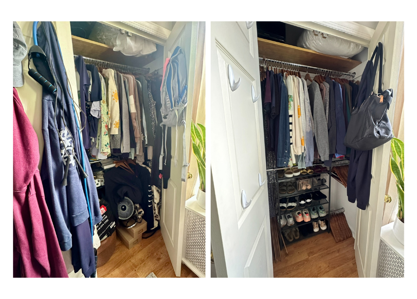 Comparison of a cluttered walk-in closet with hanging clothes, a small fan, and miscellaneous items on the left, and a tidy organized closet with shoes on shoe racks and neatly hung clothing on the right.