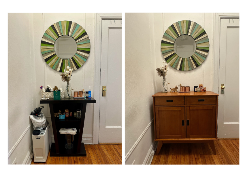 Comparison of two wooden furniture pieces in front of a white wall with a decorative round mirror. The left piece is a black table with decorative items, and the right is a natural wood cabinet with similar decor.