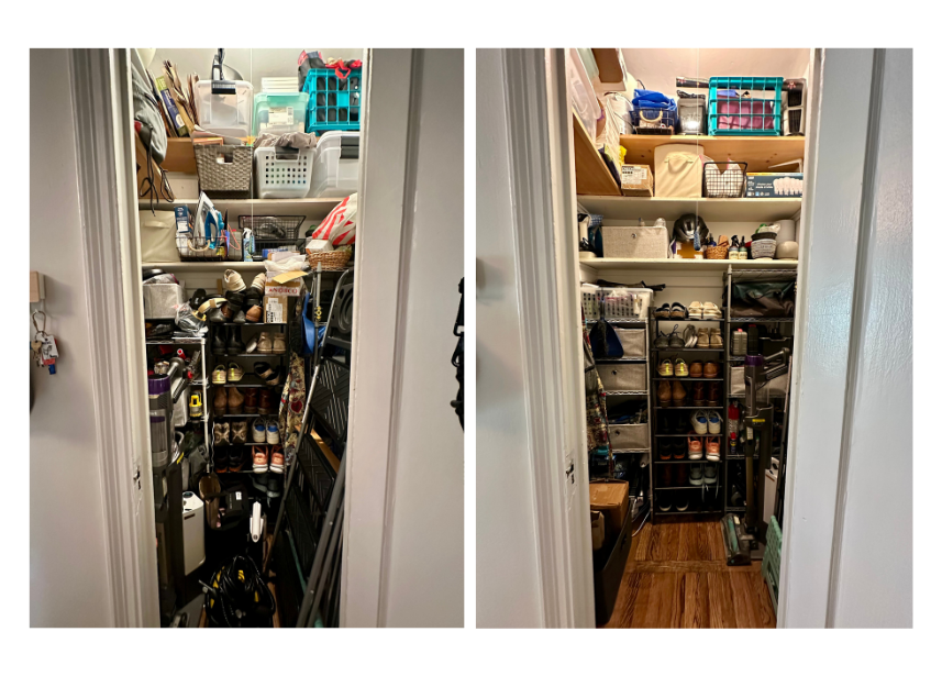 Side-by-side photos of a cluttered closet filled with shoes, storage boxes, and organizing items, with the left showing a more cluttered space and the right showing a more organized space.