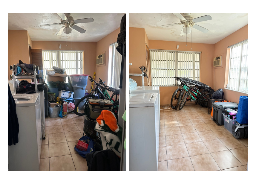 Comparison of a cluttered laundry room on the left and a cleaned, organized laundry room on the right. The room has beige walls, a ceiling fan, and tiled floor. The left side is filled with boxes, bags, and miscellaneous items, while the right side h