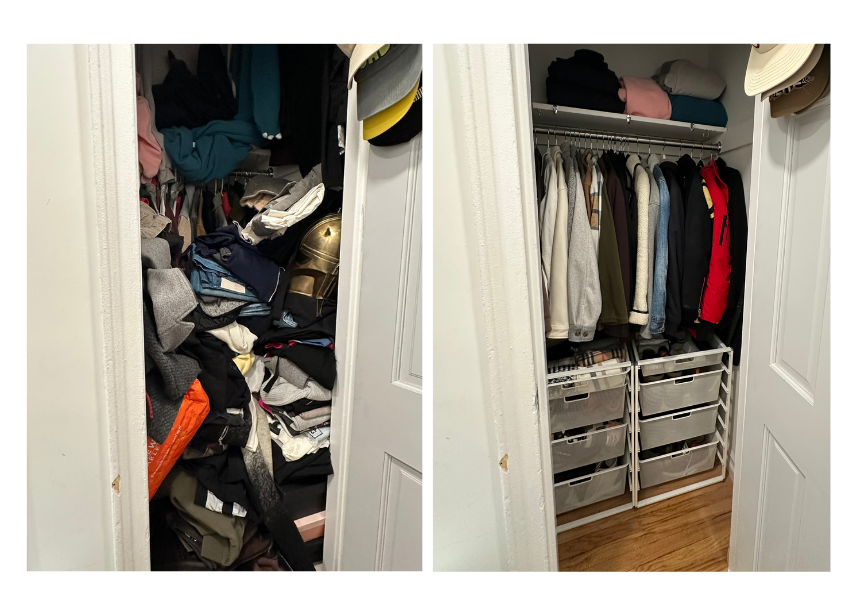 A cluttered closet on the left with disorganized clothes and items, and a tidy closet on the right with neatly hung clothes and organized drawer storage.