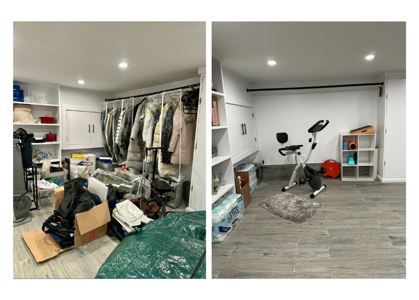 A before-and-after comparison of a basement room. The left side cluttered with clothes, bags, and boxes. The right side cleaned and organized with a stationary bike, shelving, and minimal items.