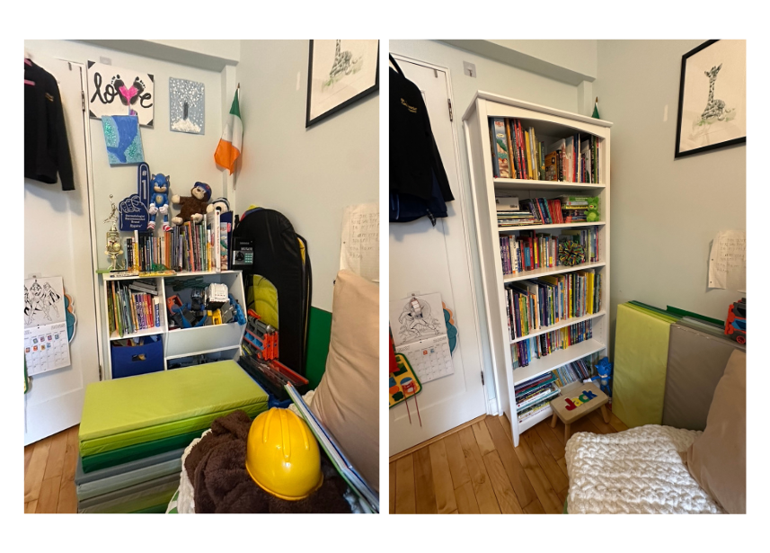 Side-by-side images of a child's playroom with bookshelves filled with toys and books, colorful foam mats, and various decorations on the walls.