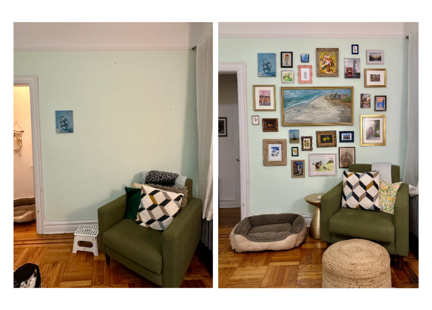 Comparison of a plain wall with a single small picture on the left and a decorated gallery wall with multiple framed artworks on the right, featuring a green armchair, a pattern pillow, a pet bed, and various decorative objects in a cozy living room.