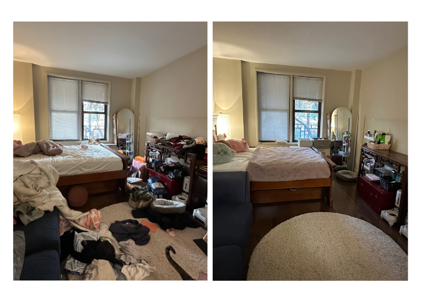 Comparison of a messy bedroom on the left with clutter on the floor and a tidy bedroom on the right with an organized space.