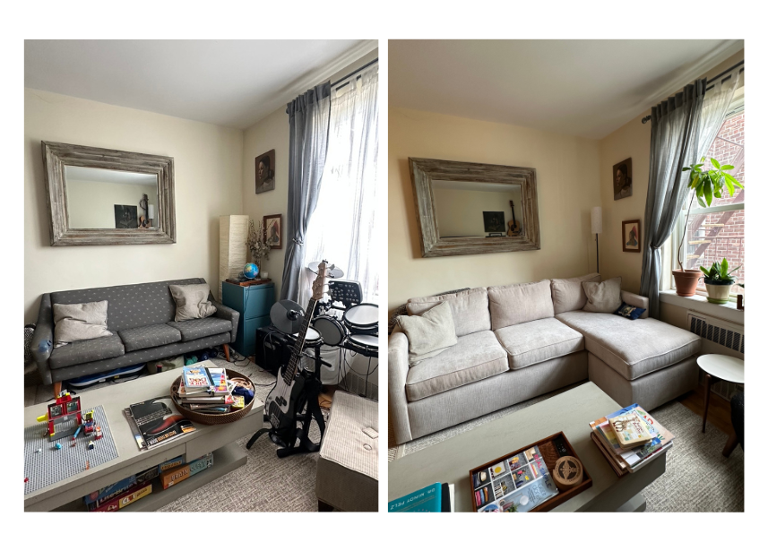 Side-by-side comparison of a living room before and after redecorating. The left shows a cluttered space with a dark sofa, toys on the coffee table, and musical instruments. The right displays a tidier room with a light-colored sectional sofa, potted