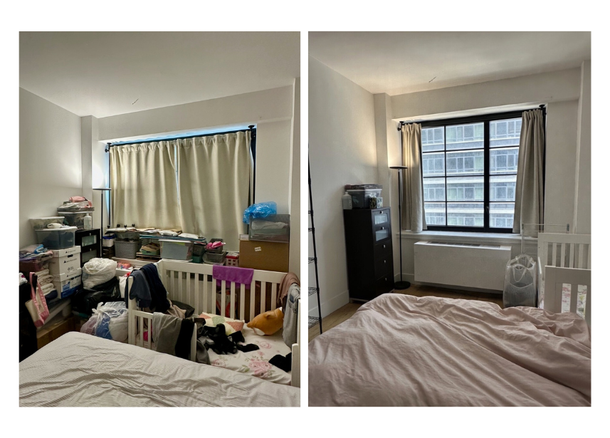 Side-by-side comparison of a cluttered bedroom before and a tidy bedroom after cleaning. The left shows messy furniture, clothes, and household items, while the right shows a clean bed and organized space with minimal items and a view of a city build