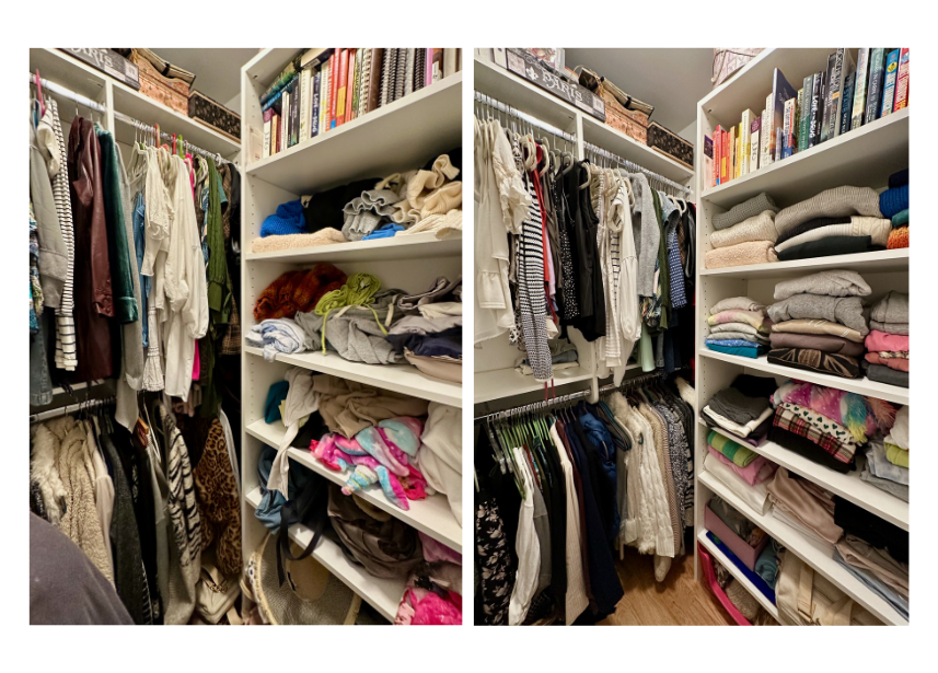 Organization of clothes and books in a closet with shelves and hanging storage.
