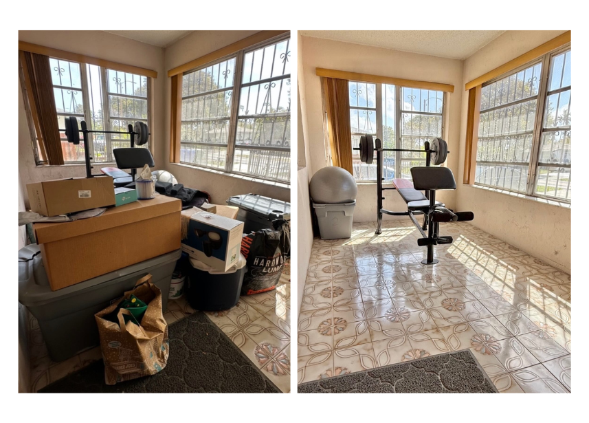 Comparison of a cluttered room filled with various boxes and items on the left, and the same room organized and cleaned on the right, featuring an exercise bench and large windows letting in sunlight.