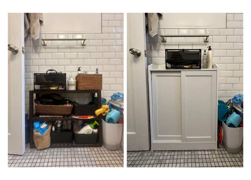 Comparison of two bathroom storage setups, with a black multi-tier shelf on the left filled with various household items, and a white cabinet on the right with similar items nearby.
