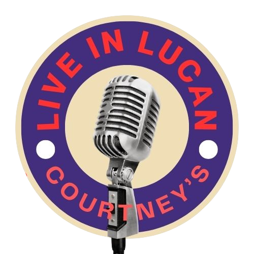 A circular badge with a vintage microphone in the center, surrounded by the text 'Live in Lucan' at the top and 'Courtney's' at the bottom, all in red and blue colors.