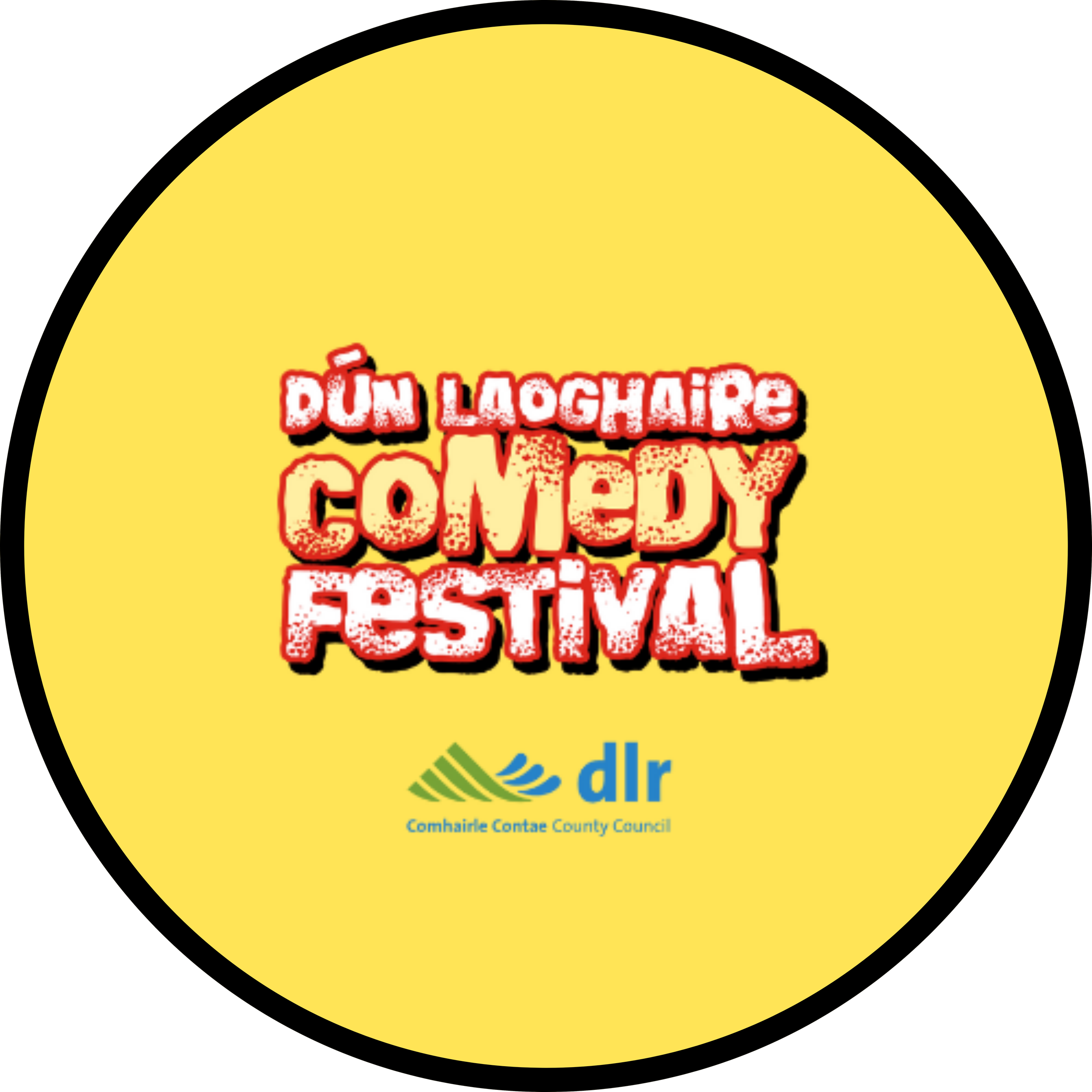 Bright yellow circular logo for Dún Laoghaire Comedy Festival with bold red, white, and beige text and the blue and green logos of Dublin City Council