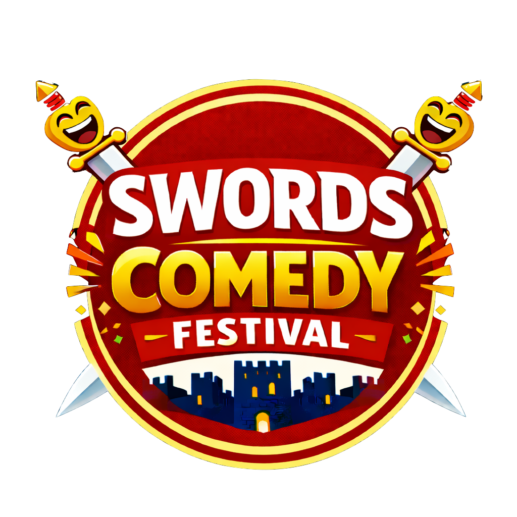Colorful logo for Swords Comedy Festival featuring a red circular badge with two smiling cartoon swords and a castle silhouette at the bottom.